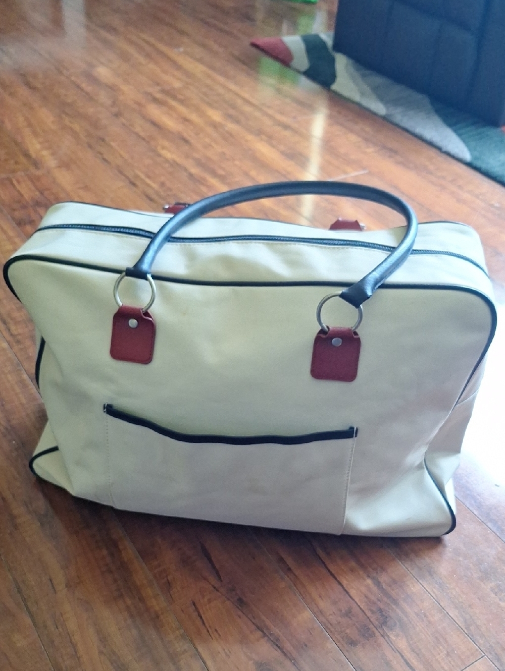 Estee Lauder Cream Duffel Weekender Vintage Bag Handles White, Red & Blue